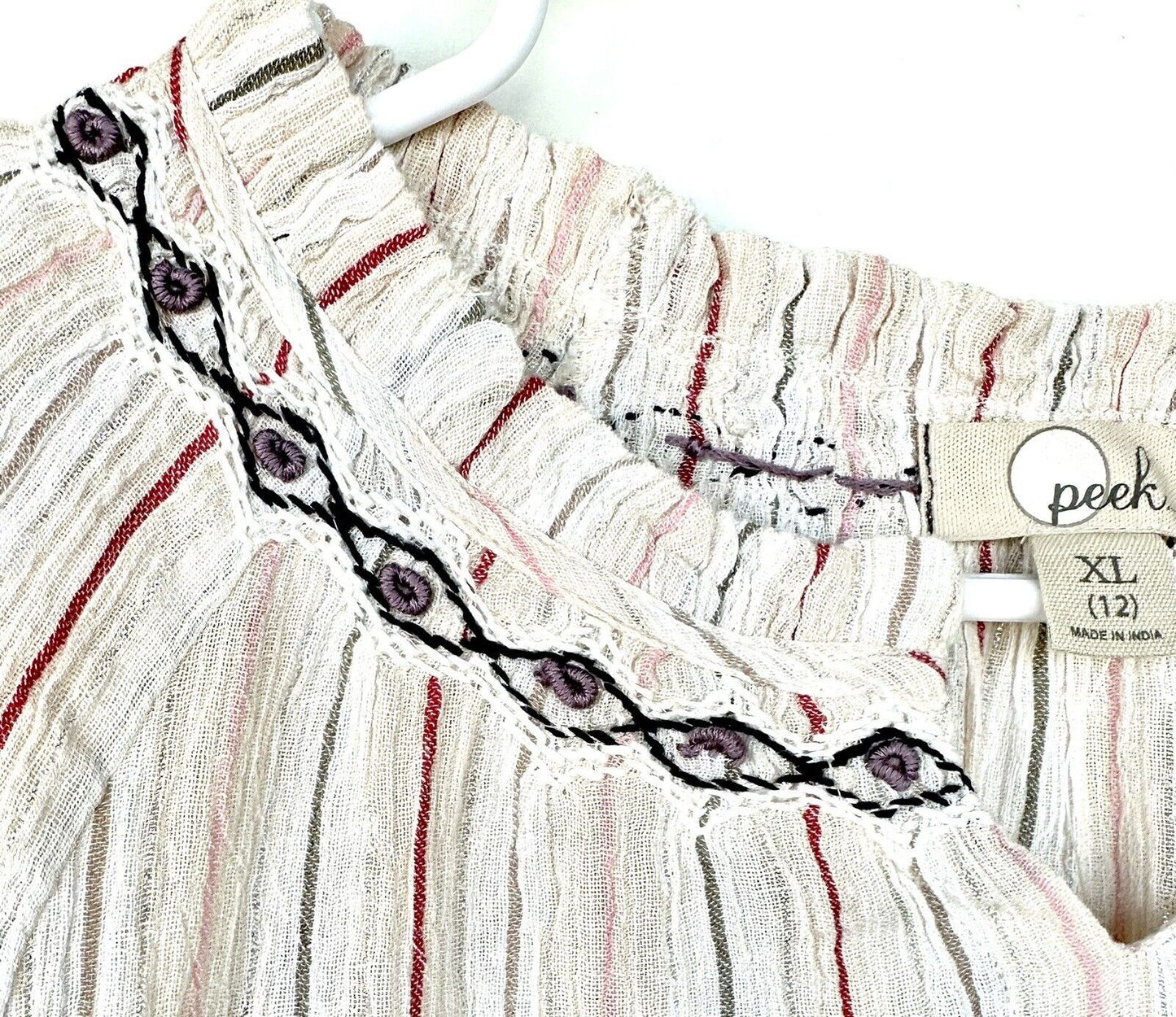 Peek Stripe Silver Thread Embroidered Tunic Top Size XL (12) Retail $44 New