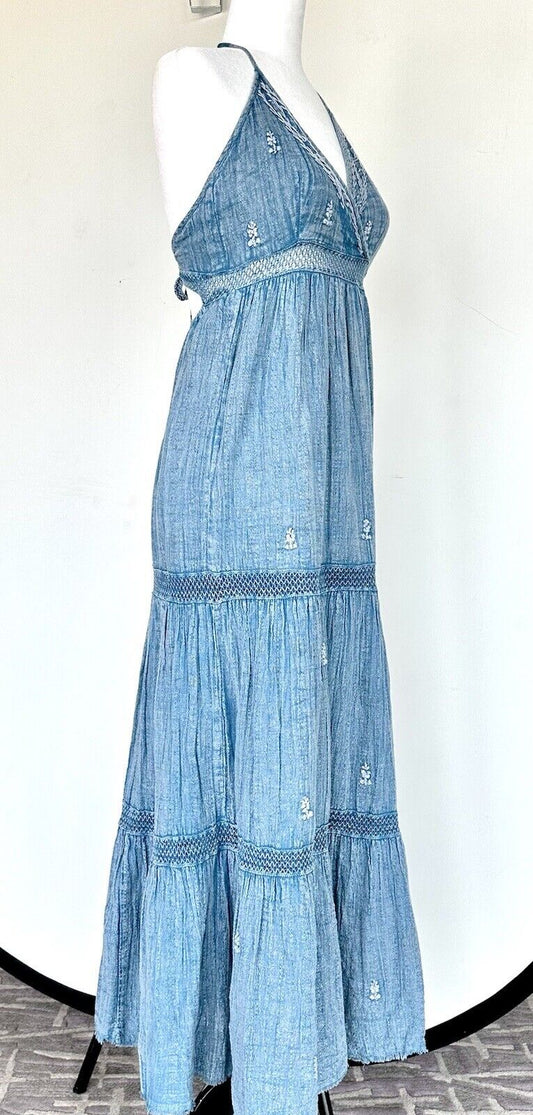 Raga Chambray Embroidered Halter Neck Midi Dress XS New With Tags Retail $98