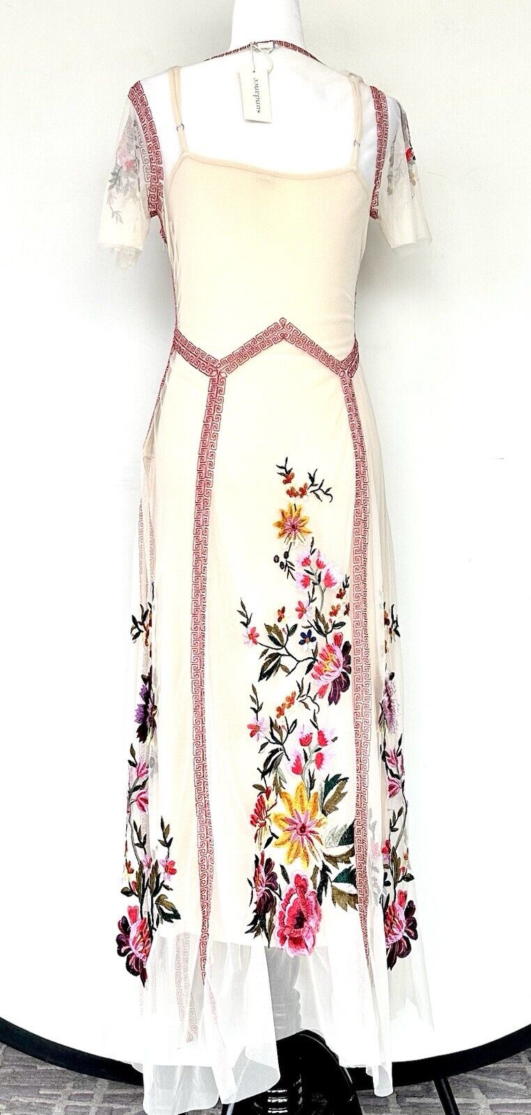 Sundance Garden Soirée Dress Embroidered Mesh Top Layer Retail $268 Champagne XS