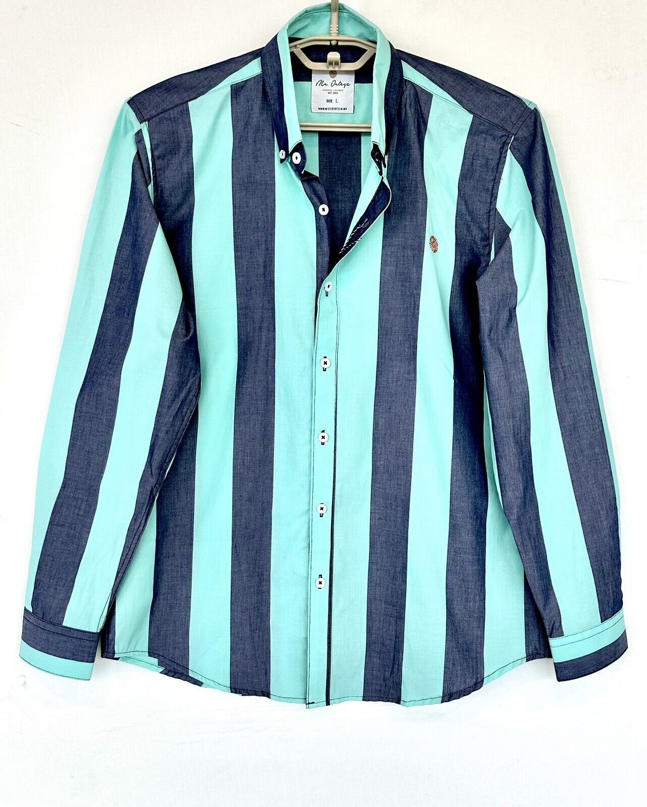 Mister Ortega Blue And Green Stripe Shirt Size L Price $39