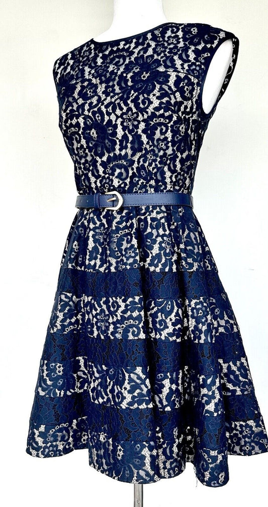 Eliza J Navy Lace Dress Retails $169 XS NWT Cap Sleeve Full Skirt W/ Belt