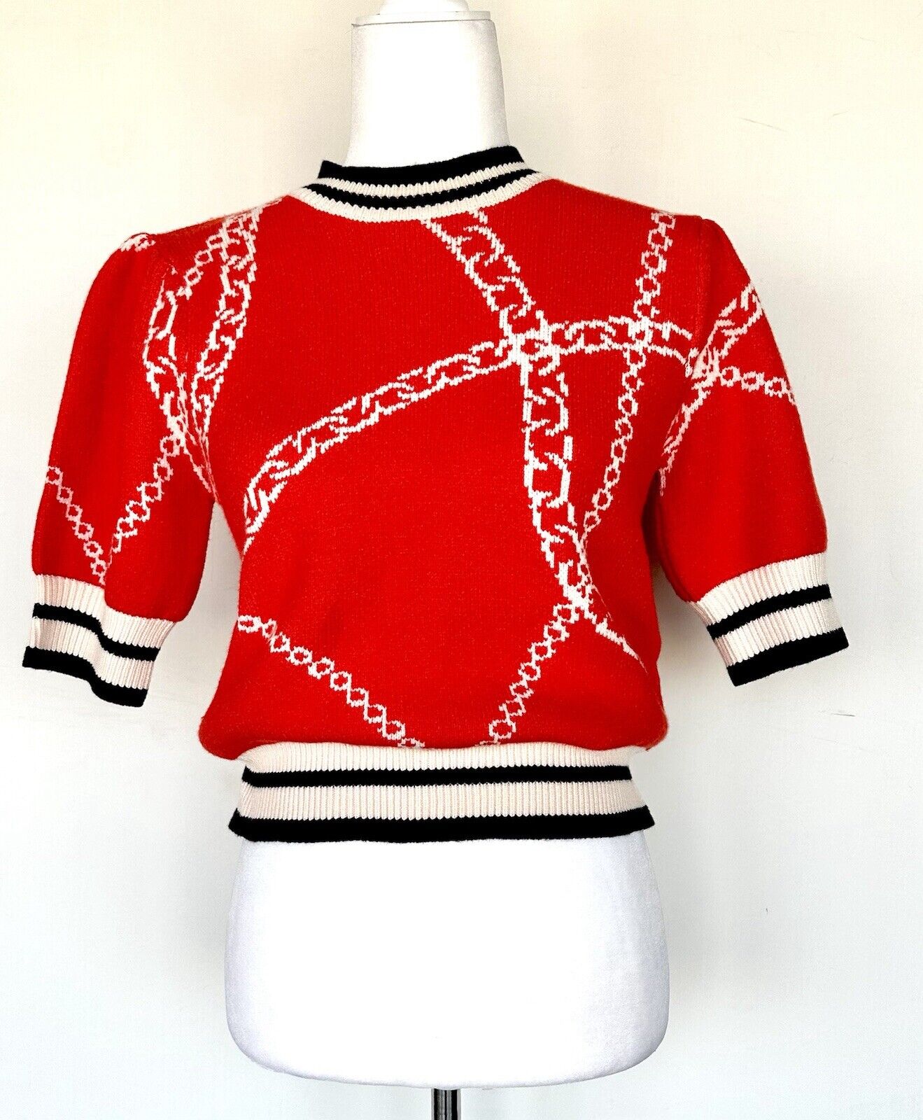 THML Red Chain Link Shirt Sleeve Sweater Contrast Rib Retail $109 XSmall NWT