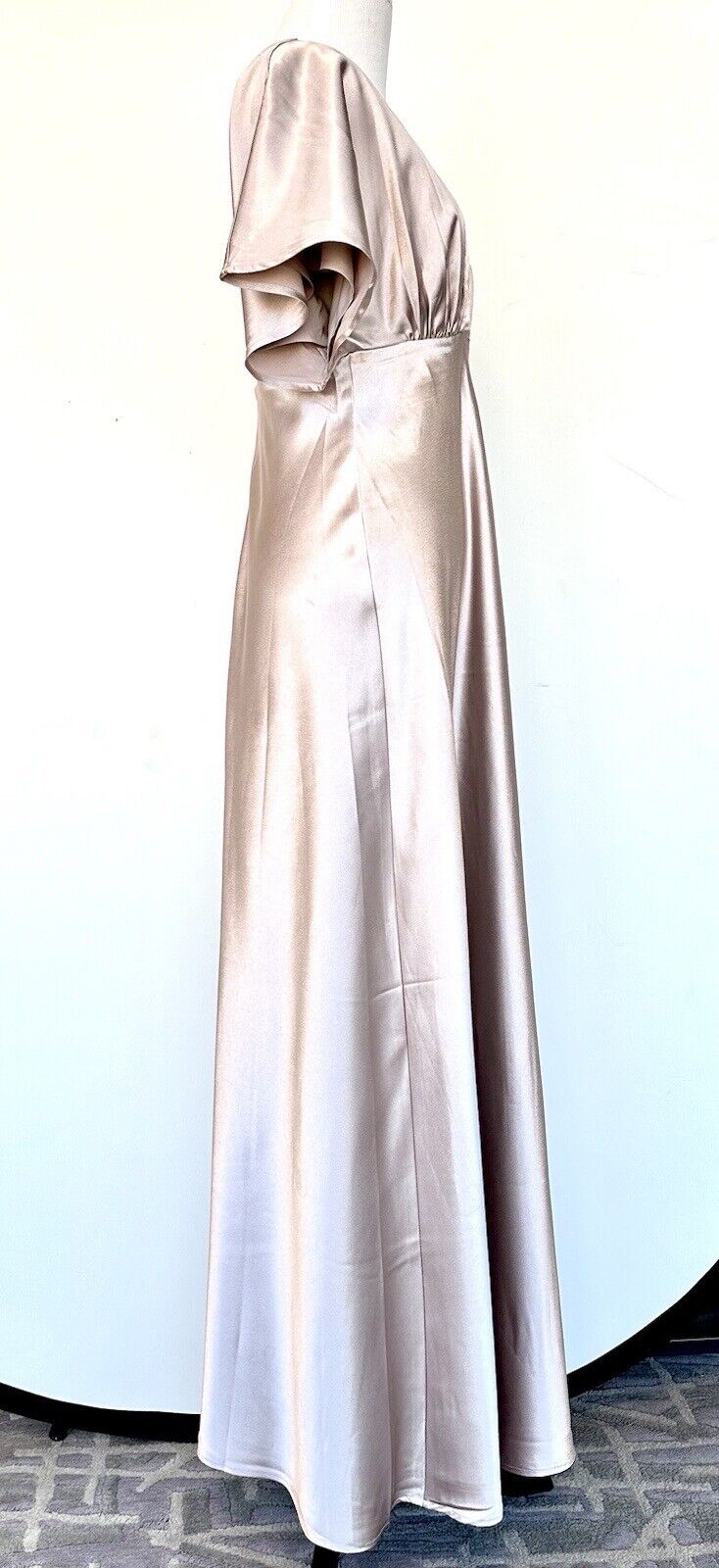 Birds Grey Dress Champagne Satin Maxi Dress Flutter Sleeve Size XS NWT