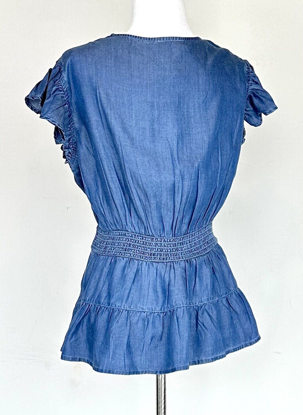 Venus Soft Denim Embroidered Top $44 Peplum Flutter Sleeve Size M Smocked Back