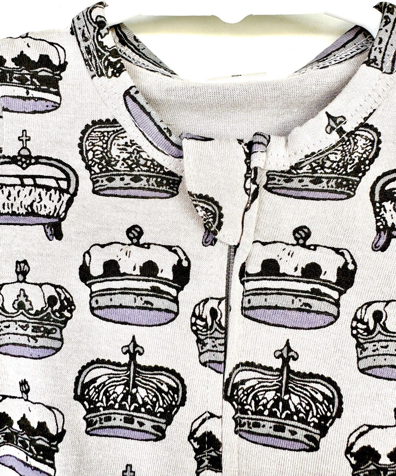 Kate Quinn Royal Crown Print LS Zipper Footie 0-3 M Organic Cotton