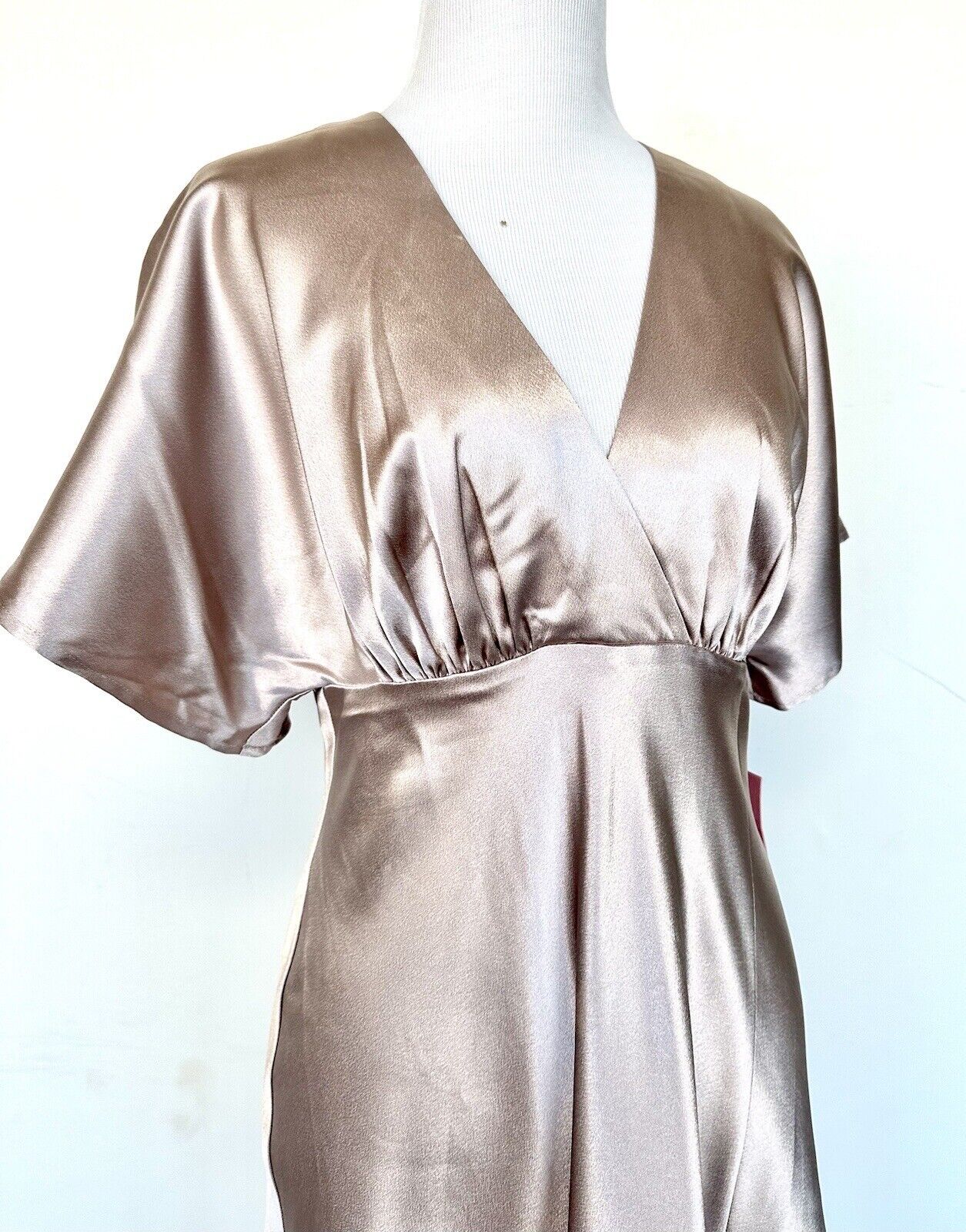 Birds Grey Dress Champagne Satin Maxi Dress Flutter Sleeve Size XS NWT