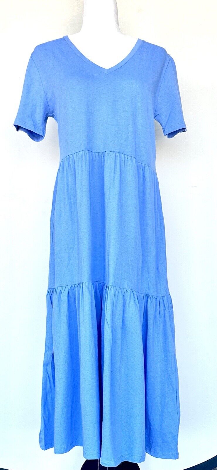 J Crew Blue Tiered SS Midi Dress Size S Retail $59.50 V Neck