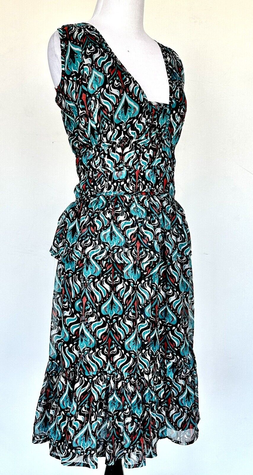 Walter Baker Teal Black Red Peplum Metallic Dress Retail $218 Price $72  XS