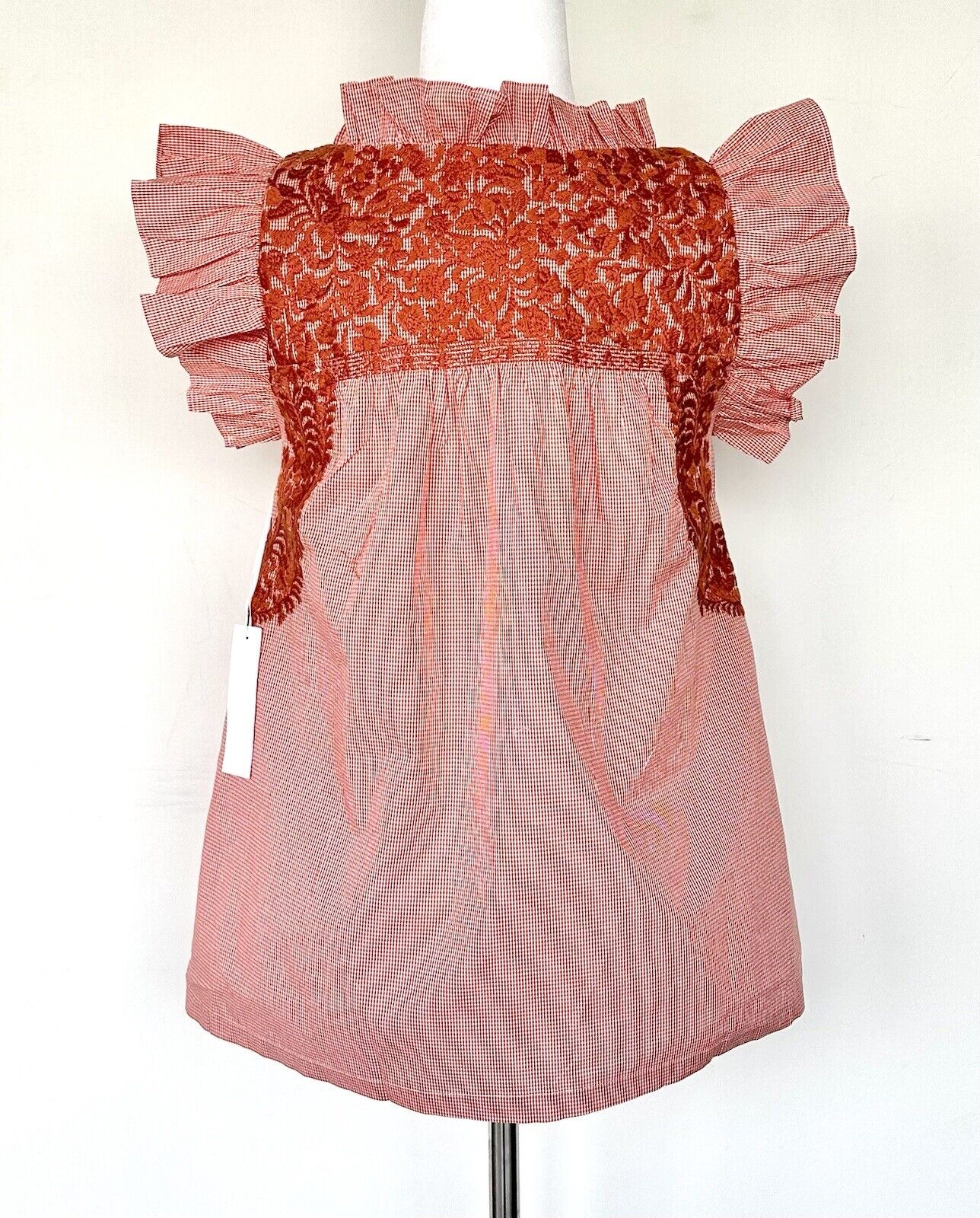 J Marie embroidered Scotland Top size XS Retail $118 Tiny Check Burnt Orange