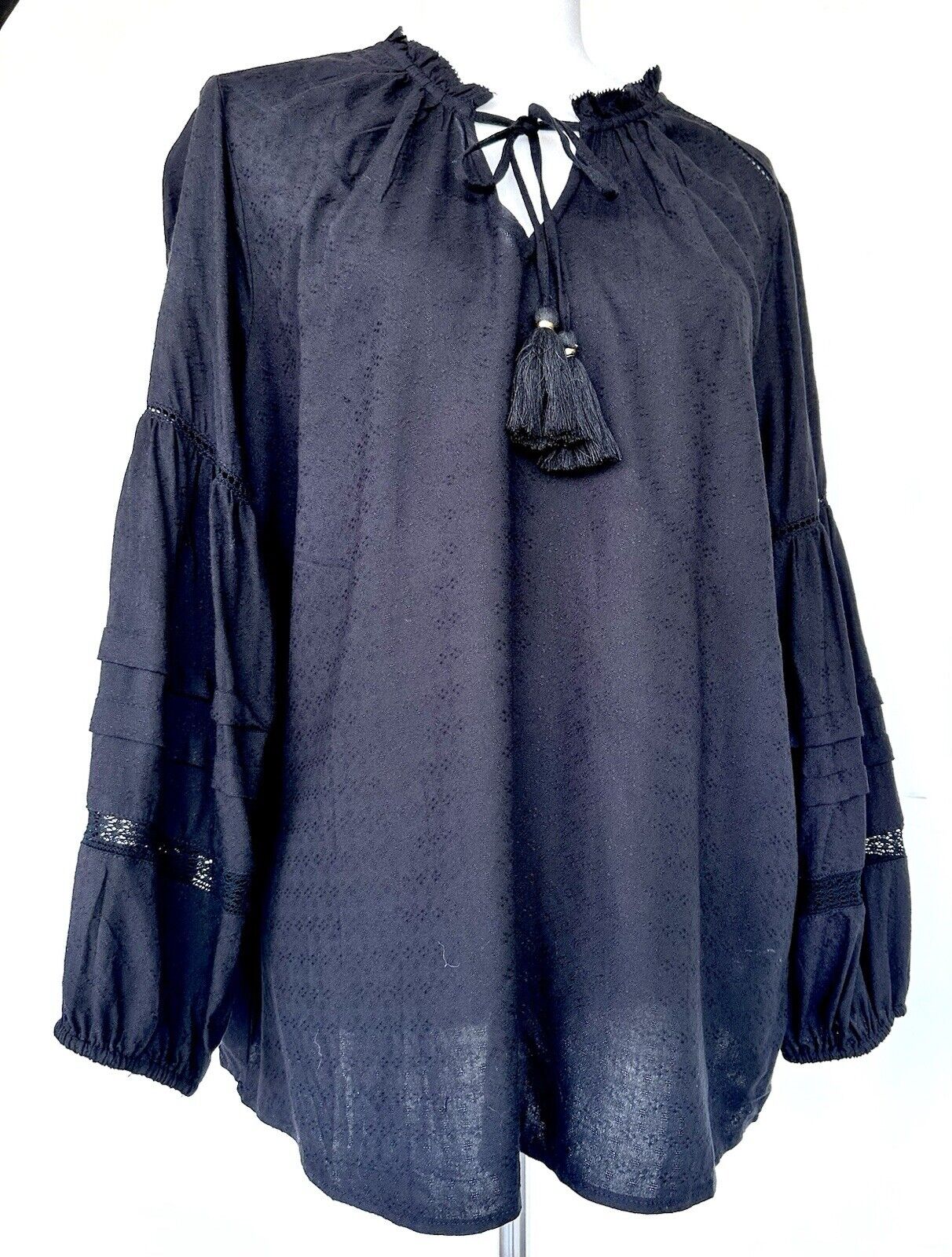 Liverpool Black Long Sleeve Peasant Blouse Size M Tassels Retails $98 NWT