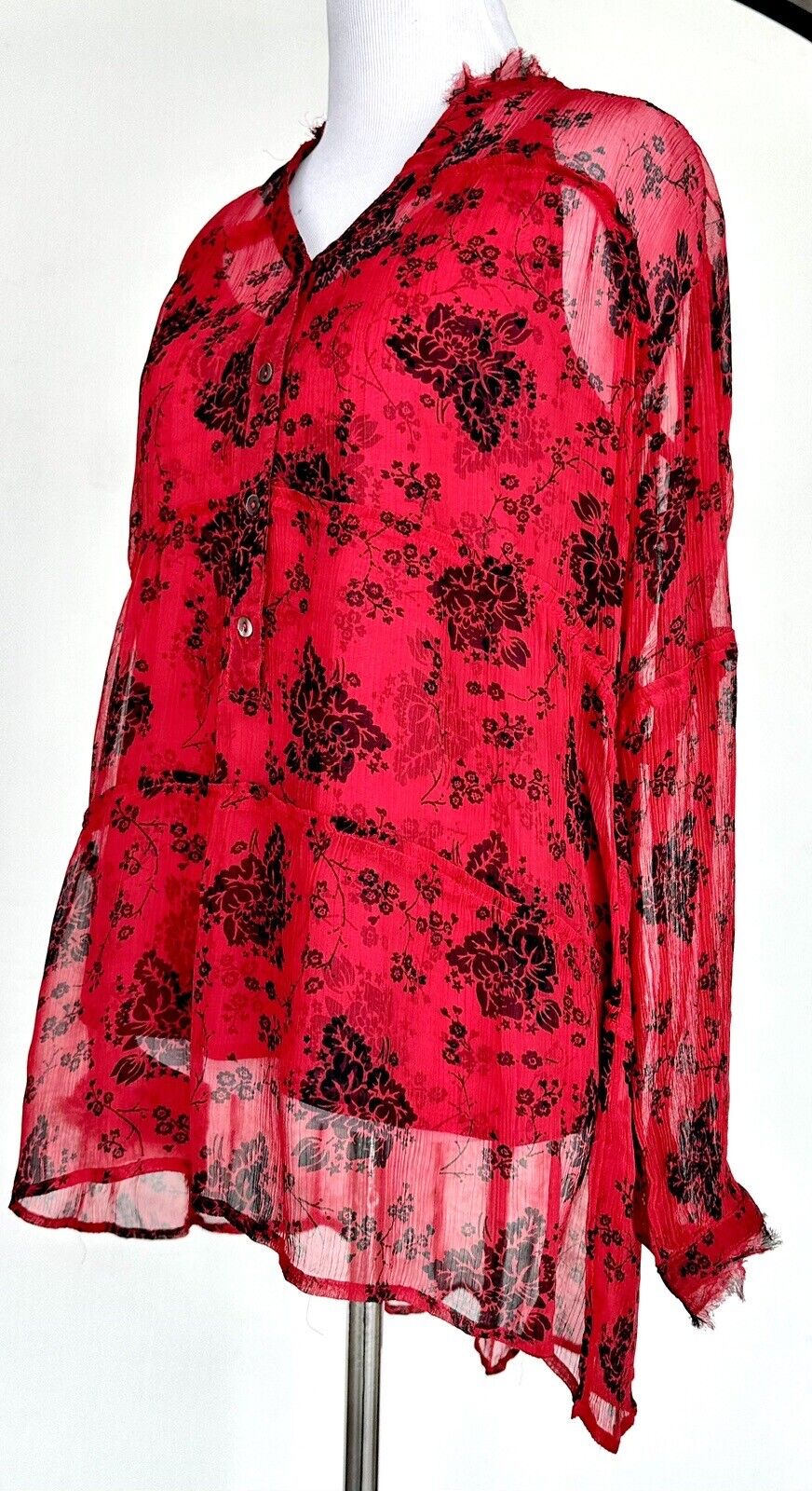 Sundance Elodie Red And Black Blouse LS Retail $138 Size XS Sheer With Cami