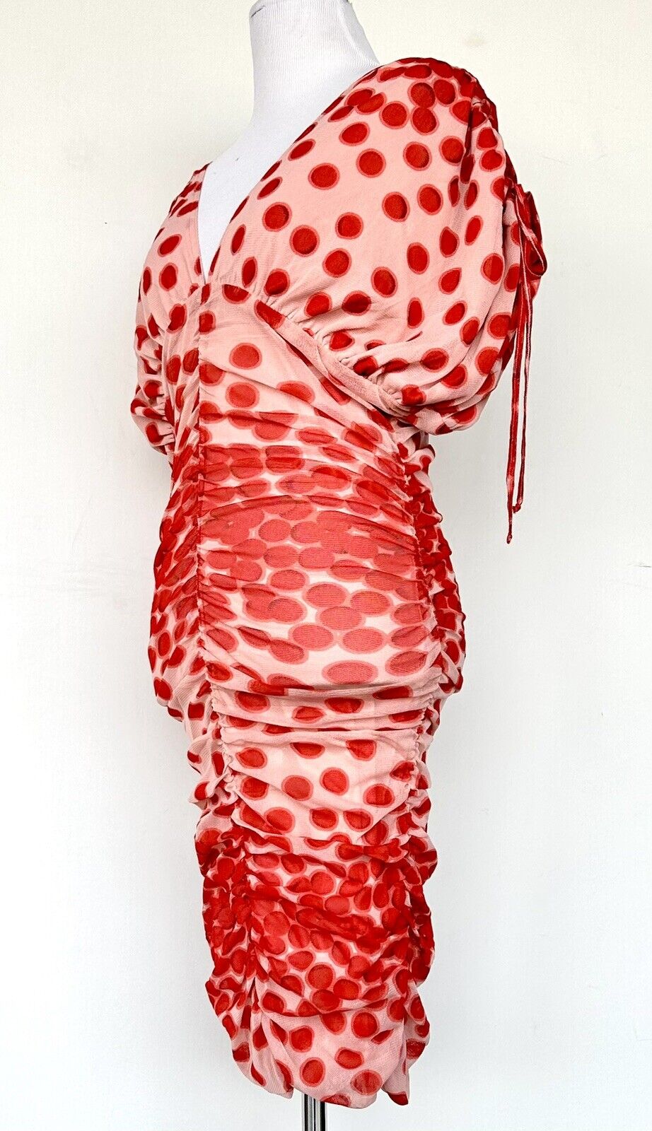 Vertigo Spot Mesh Overlay Dress Size S Ruched Retail $210 NWT Adjustable