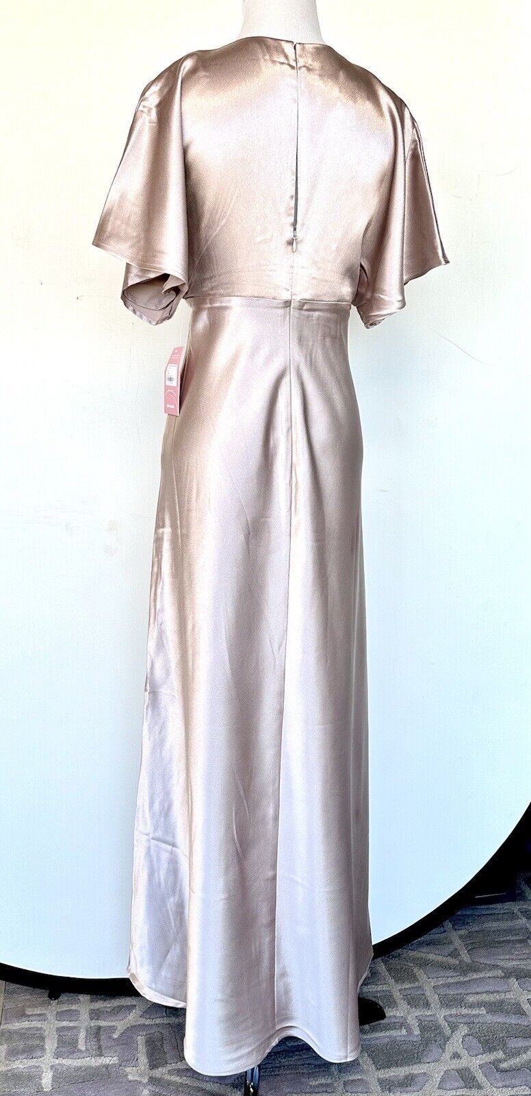 Birds Grey Dress Champagne Satin Maxi Dress Flutter Sleeve Size XS NWT