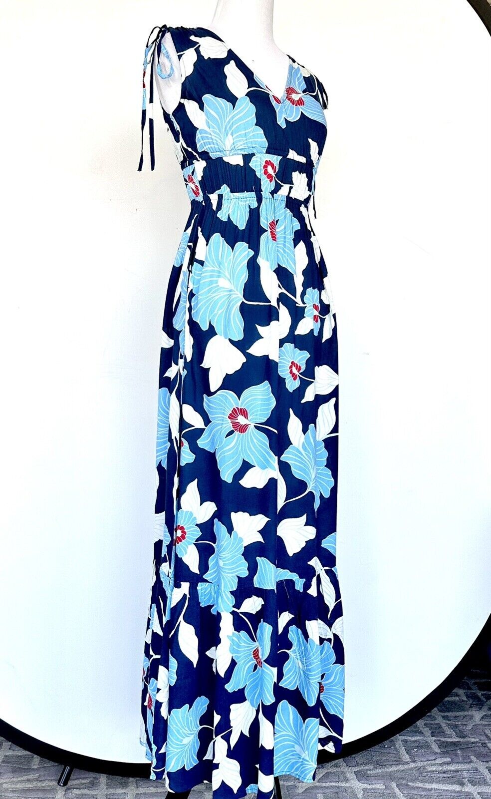 Jessica Simpson Blue Floral Midi Dress Sleeveless Ruched Shoulder Price $55 XS