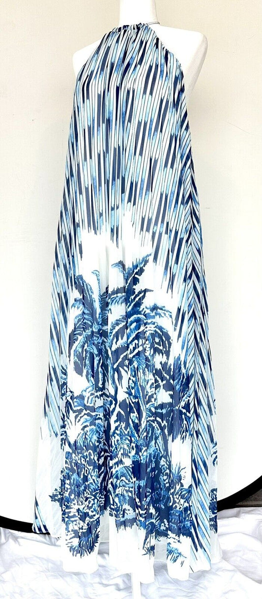 L’atiste By Amy Blue White Long Pleated Dress Halter Retail $105 Price $59 L