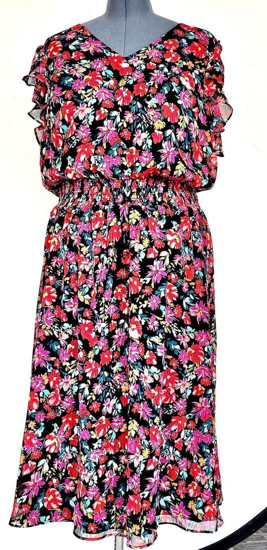 msk dress Black Red Chiffon Midi Dress Smocked Waist Retails $89 2X