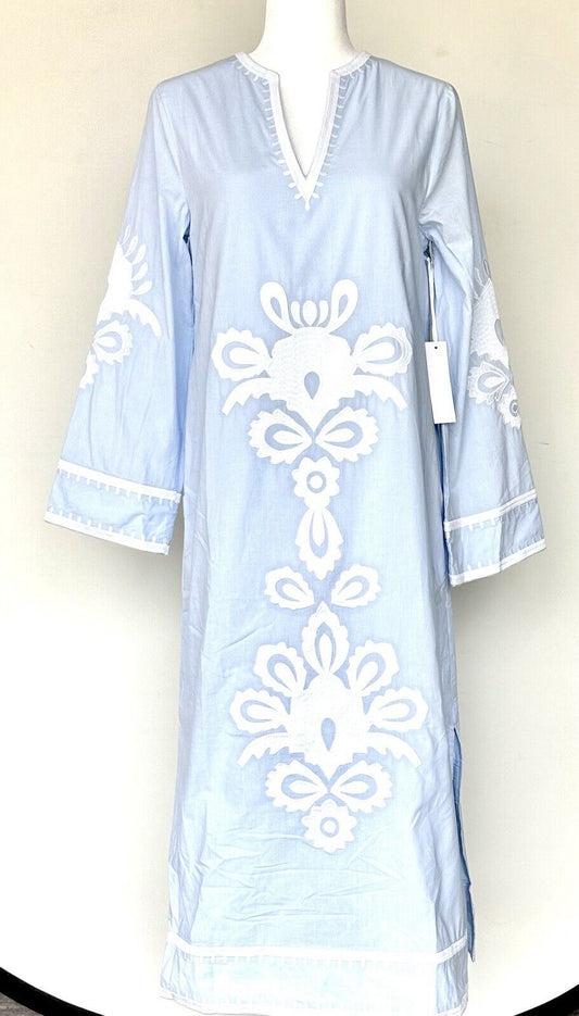 NWT J Marie embroidered Light Blue Cotton Kaftan Dress S Retail $168 Price $88