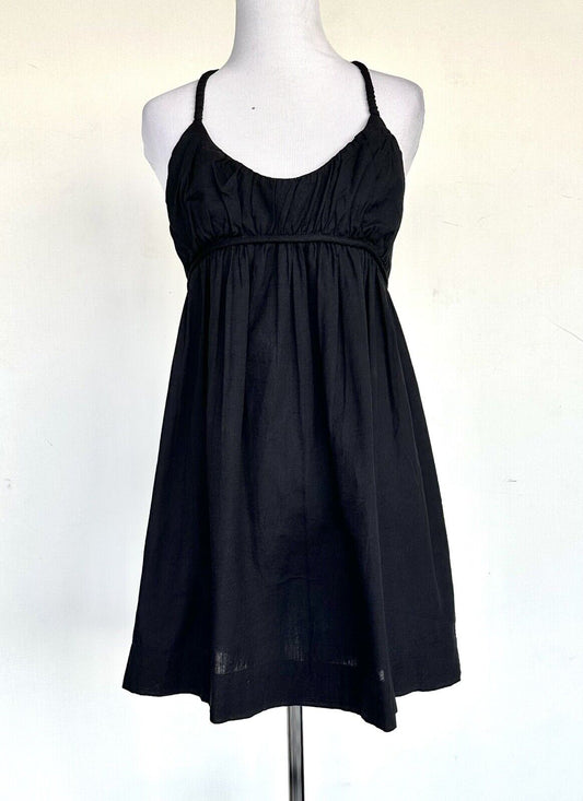 Free People Black Linen Mix Boho Festival Dress  $68 XS Cross Over Back Ruched