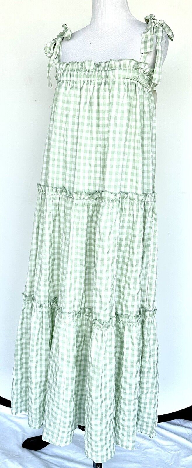 Enmerci Green Gingham Maxi Dress Tie Shoulder Strap Size M Tiered $58 &Merci