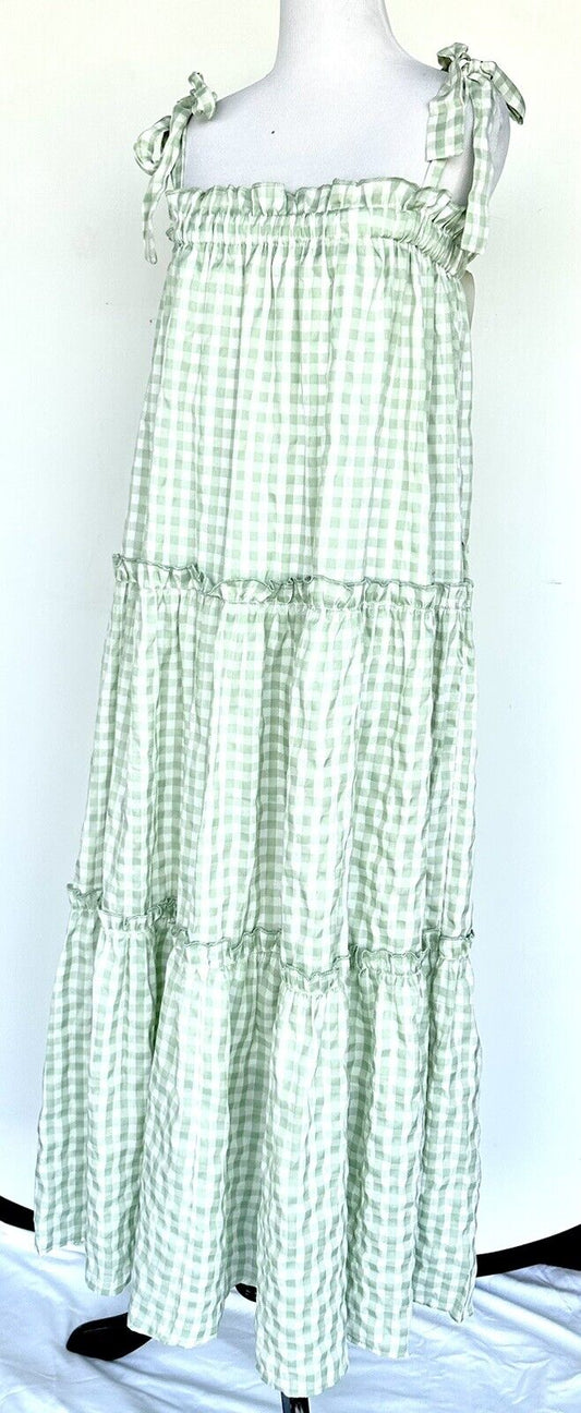 Enmerci Green Gingham Maxi Dress Tie Shoulder Strap Size M Tiered $58 &Merci