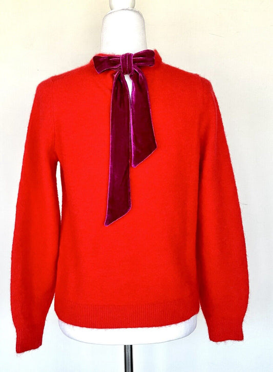 Boden Sweater Red Mohair Wool Mix Velvet Tie Back Crew Neck Size S Retail $158