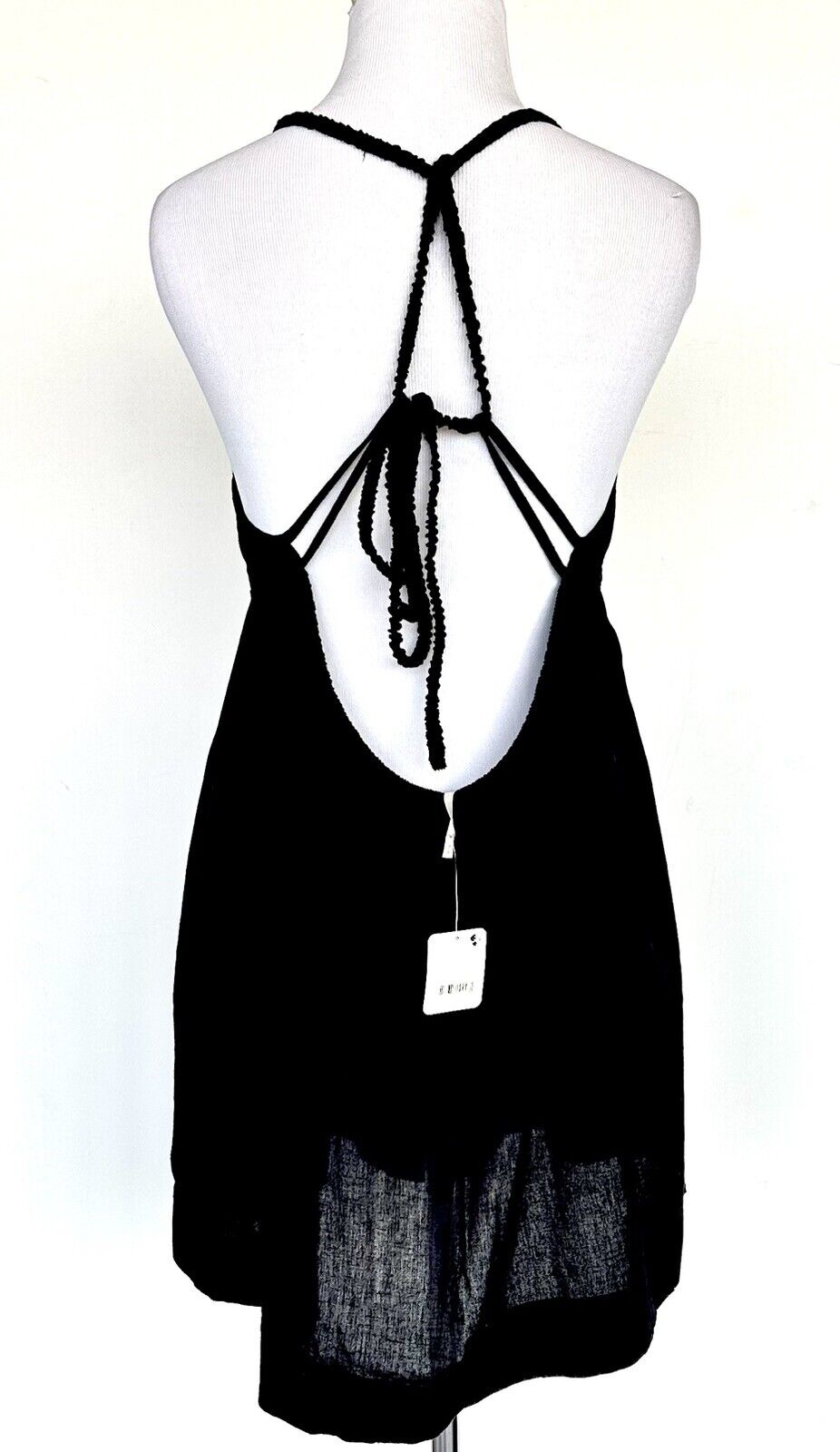 Free People Black Linen Mix Boho Festival Dress  $68 XS Cross Over Back Ruched
