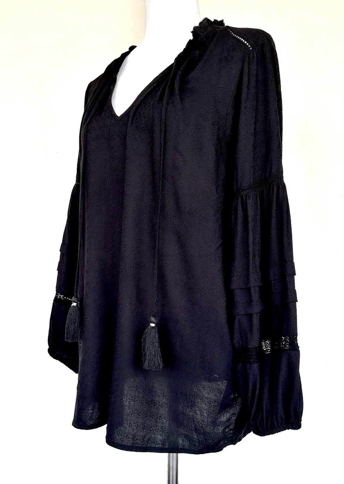 Liverpool Black Long Sleeve Peasant Blouse Size M Tassels Retails $98 NWT
