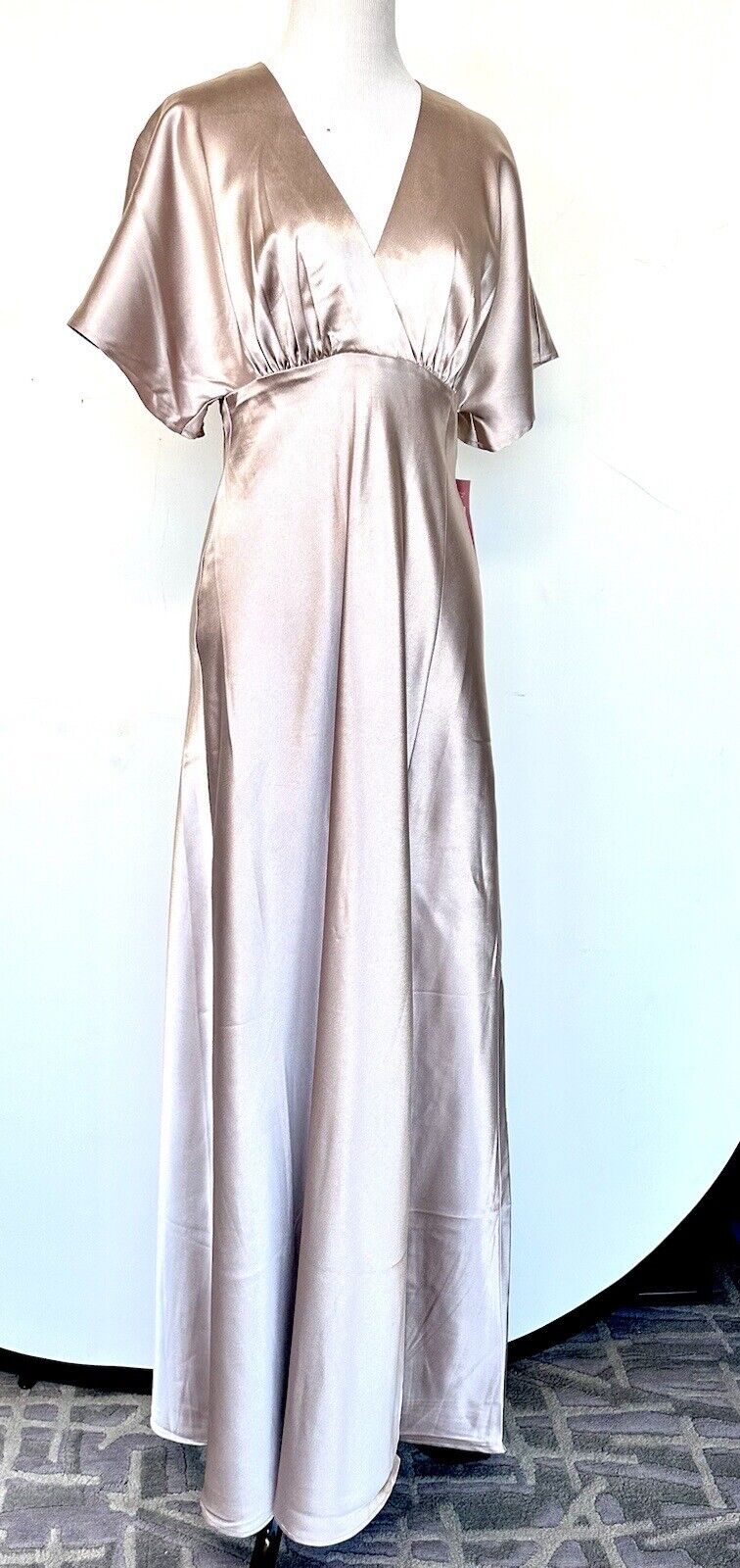 Birds Grey Dress Champagne Satin Maxi Dress Flutter Sleeve Size XS NWT