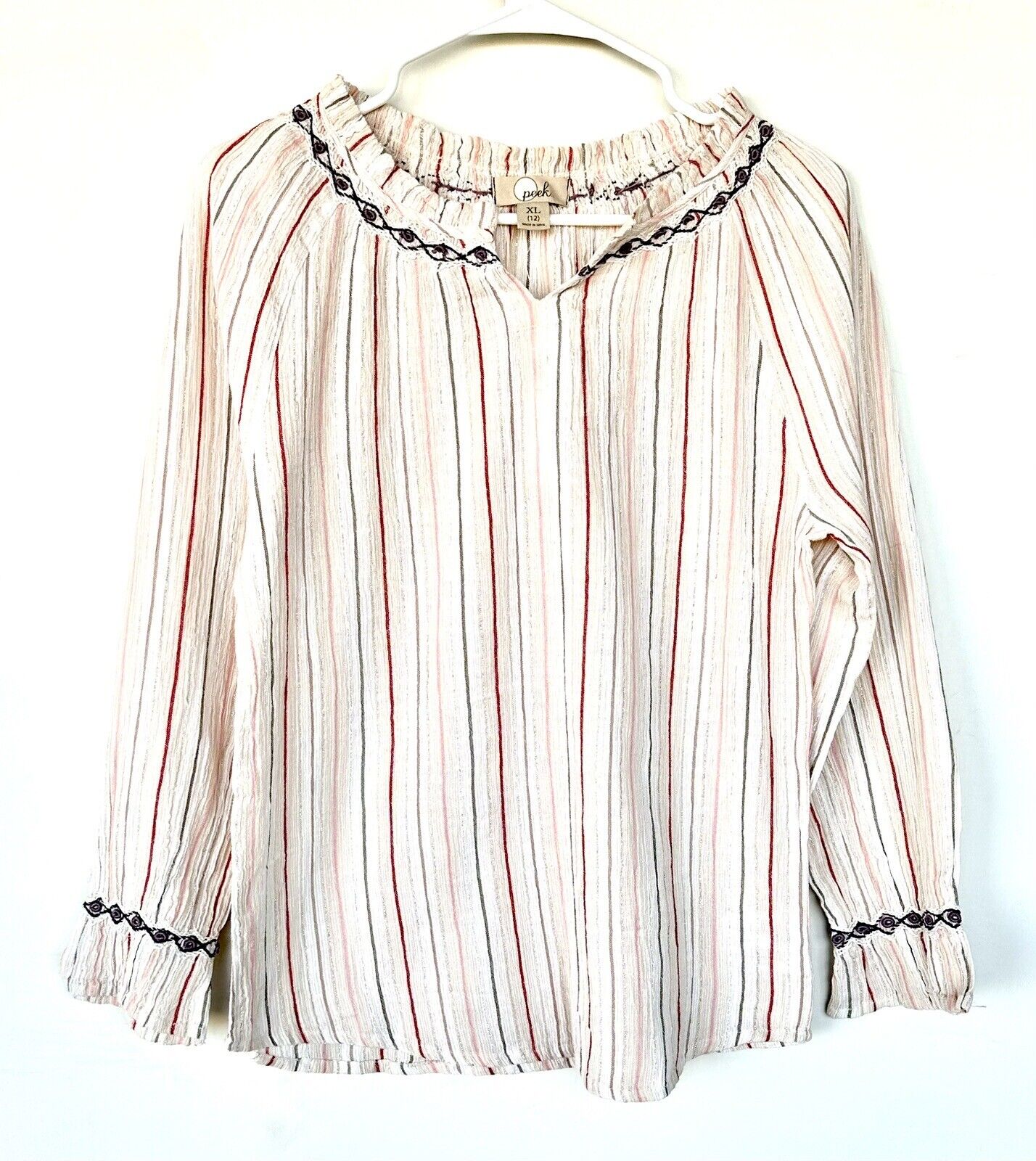Peek Stripe Silver Thread Embroidered Tunic Top Size XL (12) Retail $44 New