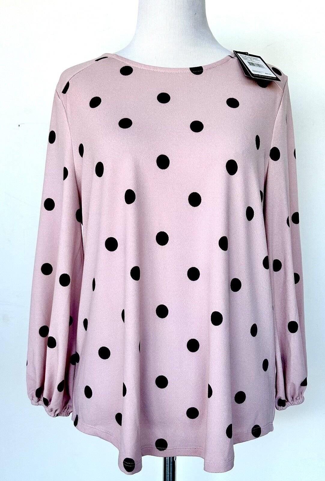 Adrianna Papell Pink & Black Polka Dot 3/4 Sleeve Blouse Top Small Retail $69