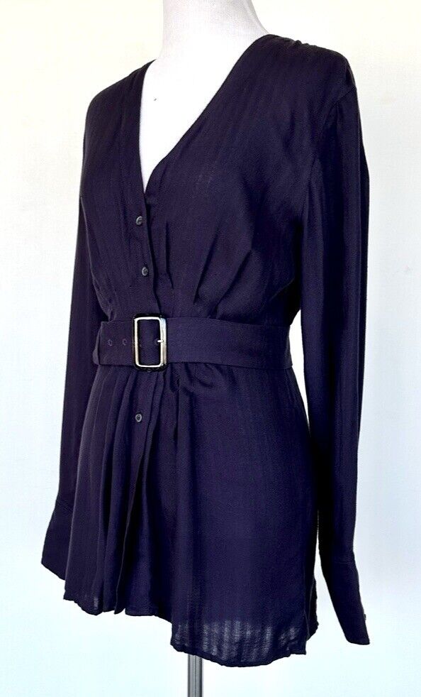 Free People Womens Belted Button Down Blouse Dark Purple XS Retails $98 NWT