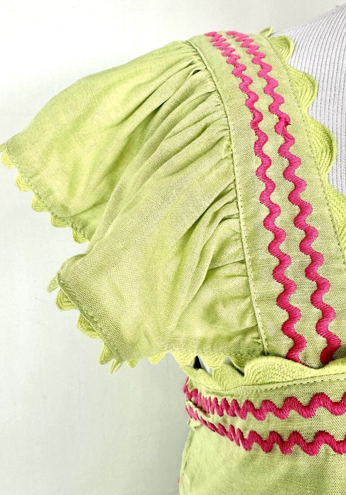 J Marie Lime Pink Hailey Dress Retail $128 Flutter Strap Embroidered Linen Mix