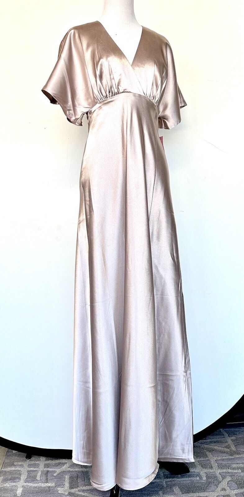 Birds Grey Dress Champagne Satin Maxi Dress Flutter Sleeve Size XS NWT