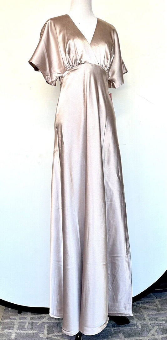 Birds Grey Dress Champagne Satin Maxi Dress Flutter Sleeve Size XS NWT