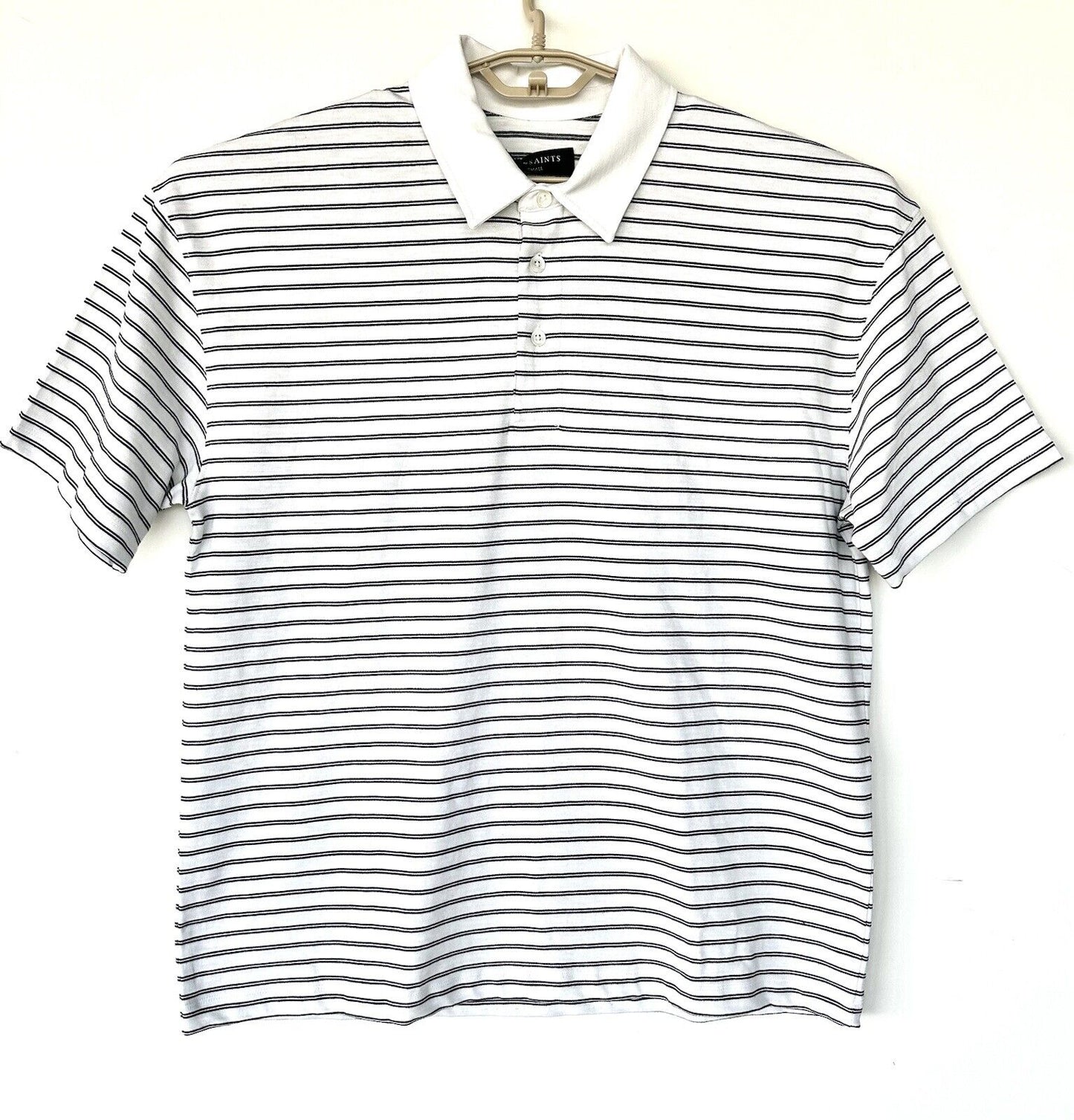 Allsaints Ave Polo Shirt Retails $109 Stripe Chalk White & Black NWT SS Size S
