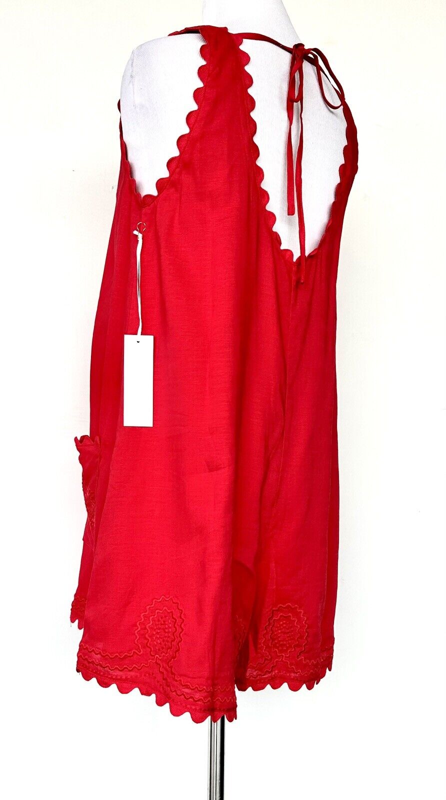 J Marie Swift Embroidered Romper Red Cotton Linen Mix Retail $124 S