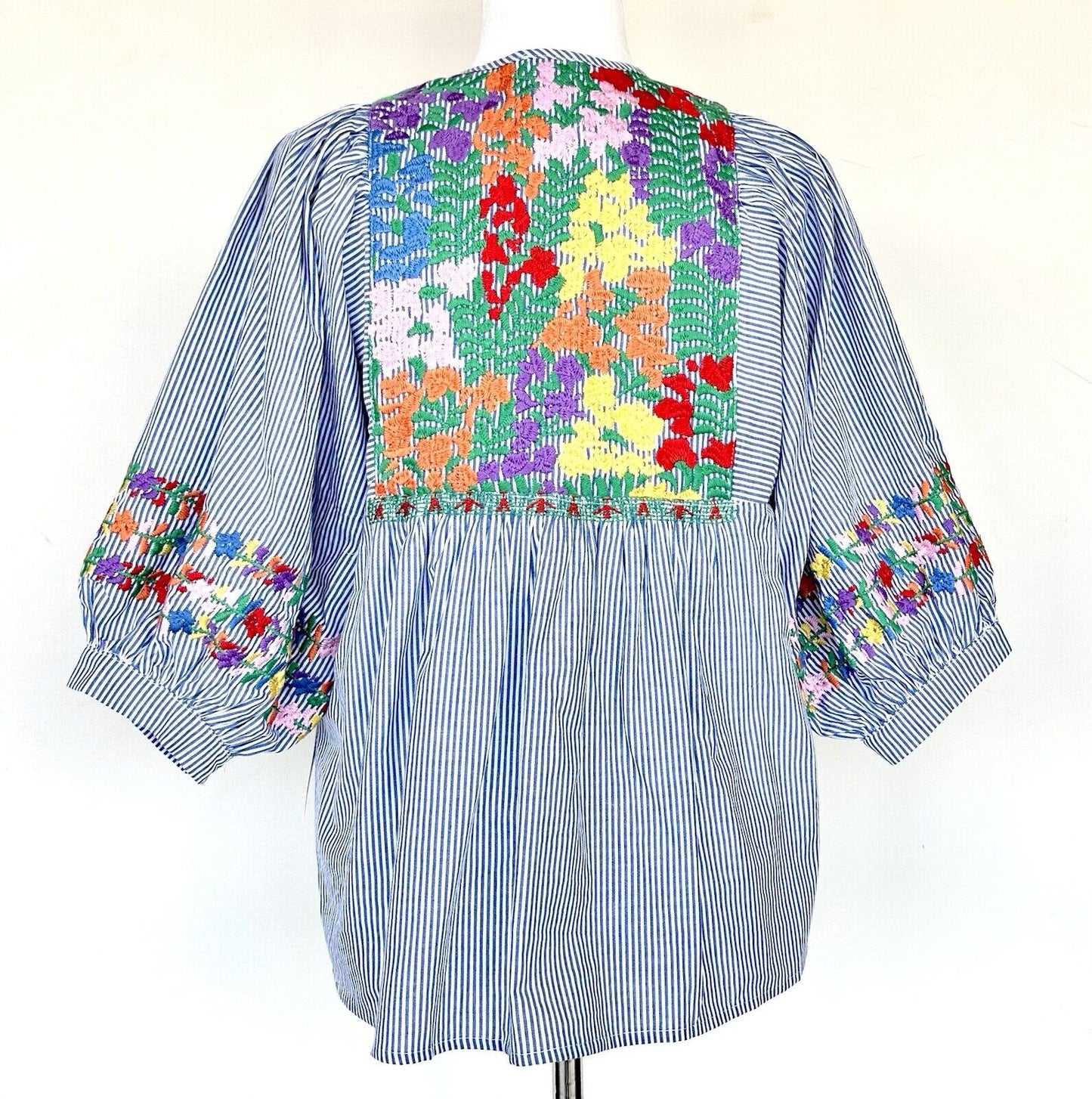 J Marie embroidered Tristan Top XS NWT Striped Blue Puff Sleeve Retails $146