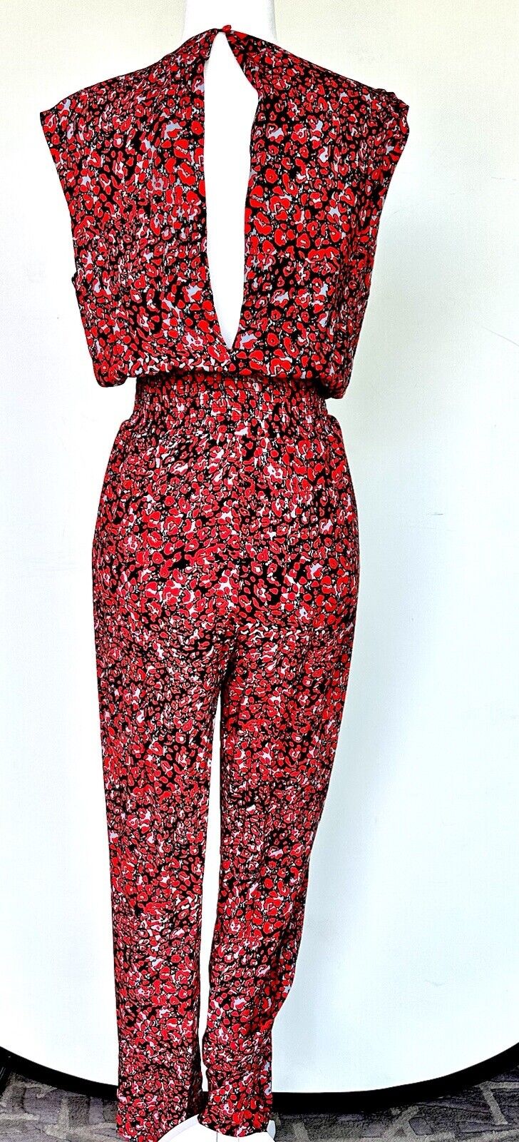 Aqua Red Print Jumpsuit Smocked Waist Size S Price $59 NWT Keyhole Back