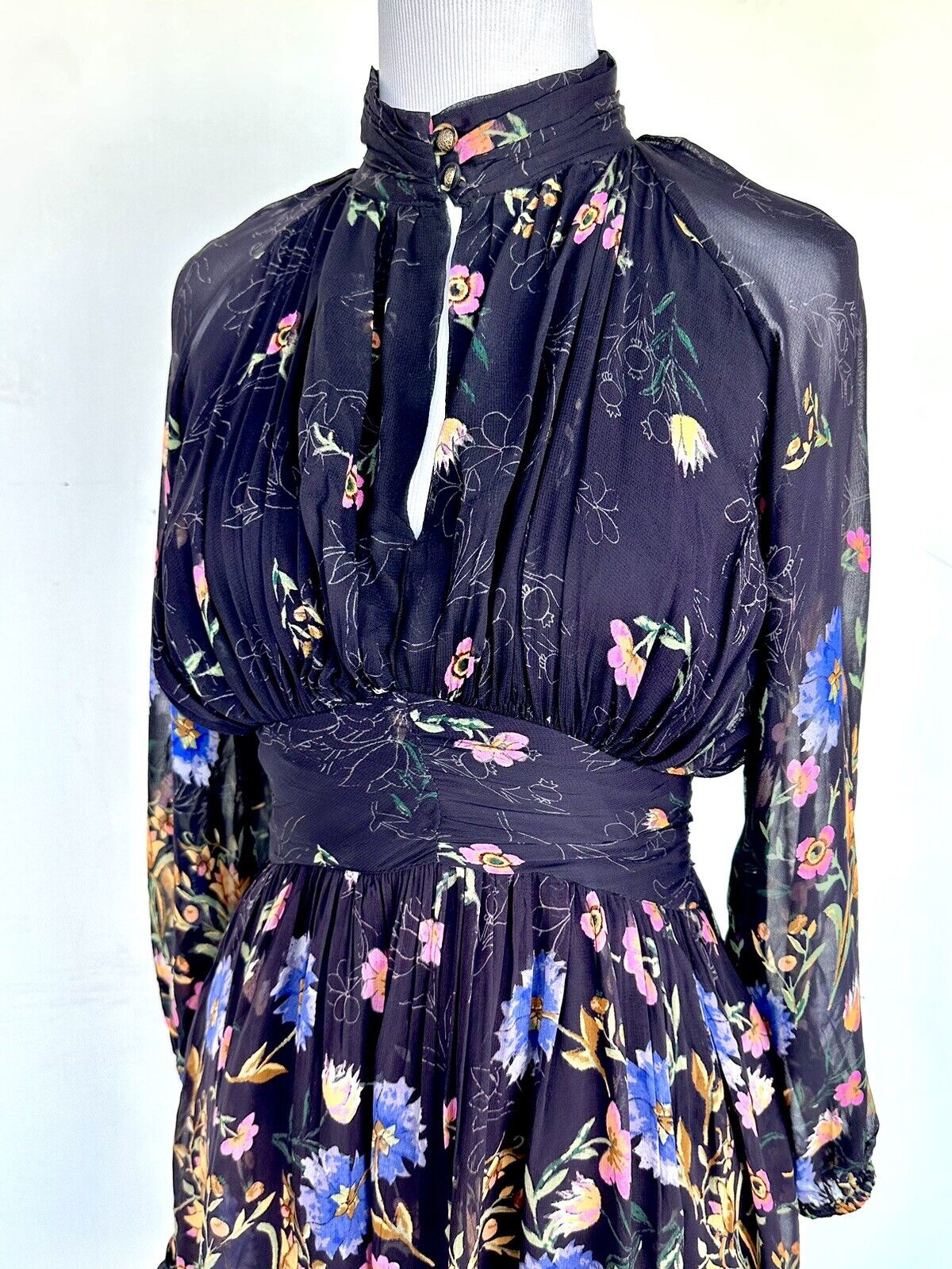 Anthropologie Black Chiffon Floral Dress 0P Retail $170 price $85 NWT