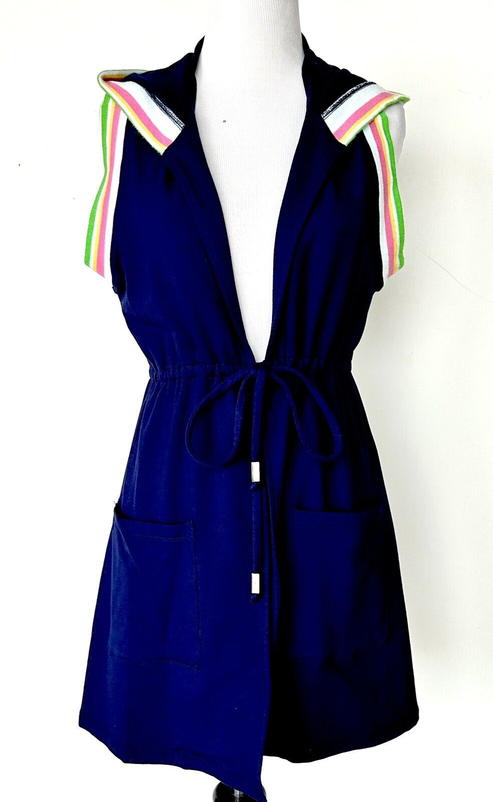 Trina Turk Sleeveless Open Front Hoodie Cover Up Retail $148 Price $76 New Blue