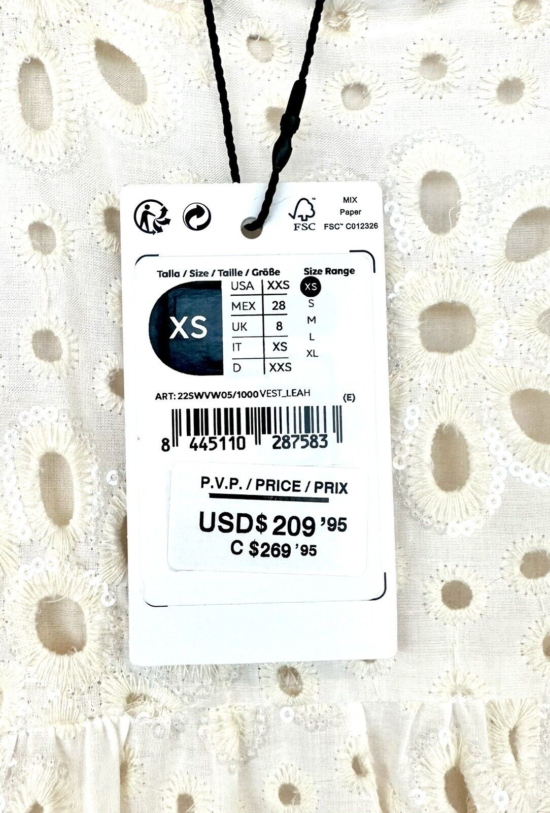 Desigual Eyelet Cream Midi Tiered Dress Retail $209 Sequin Detail XS