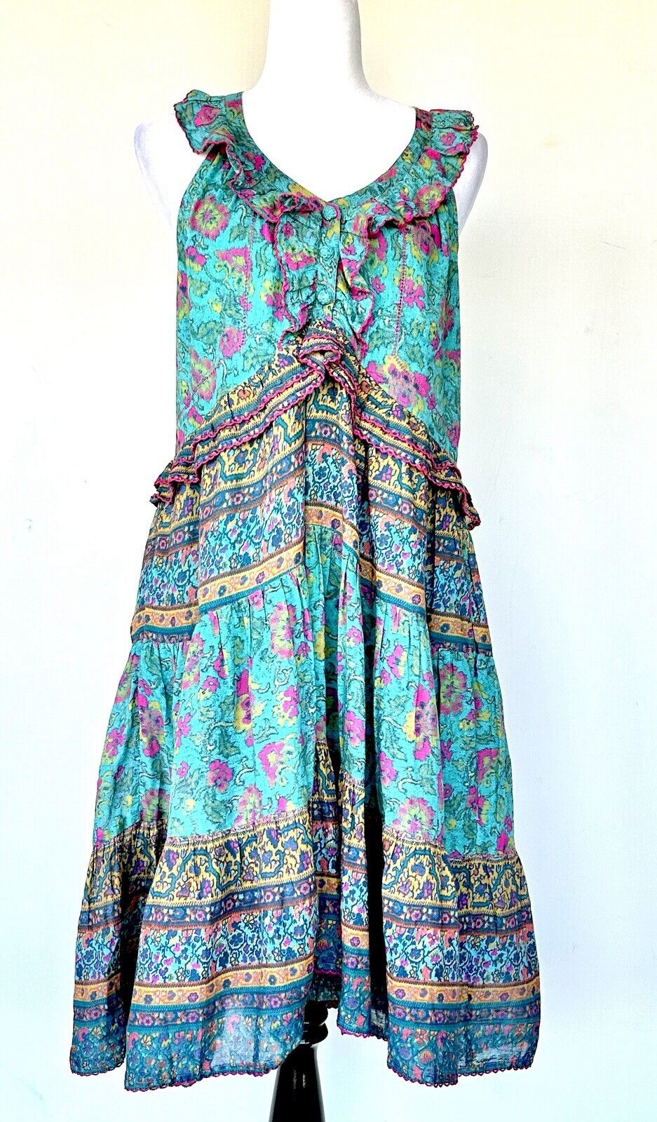 NWT Sundance Catalog Teal Sleeveless Dalis Ruffle Dress Size XS Retail $138