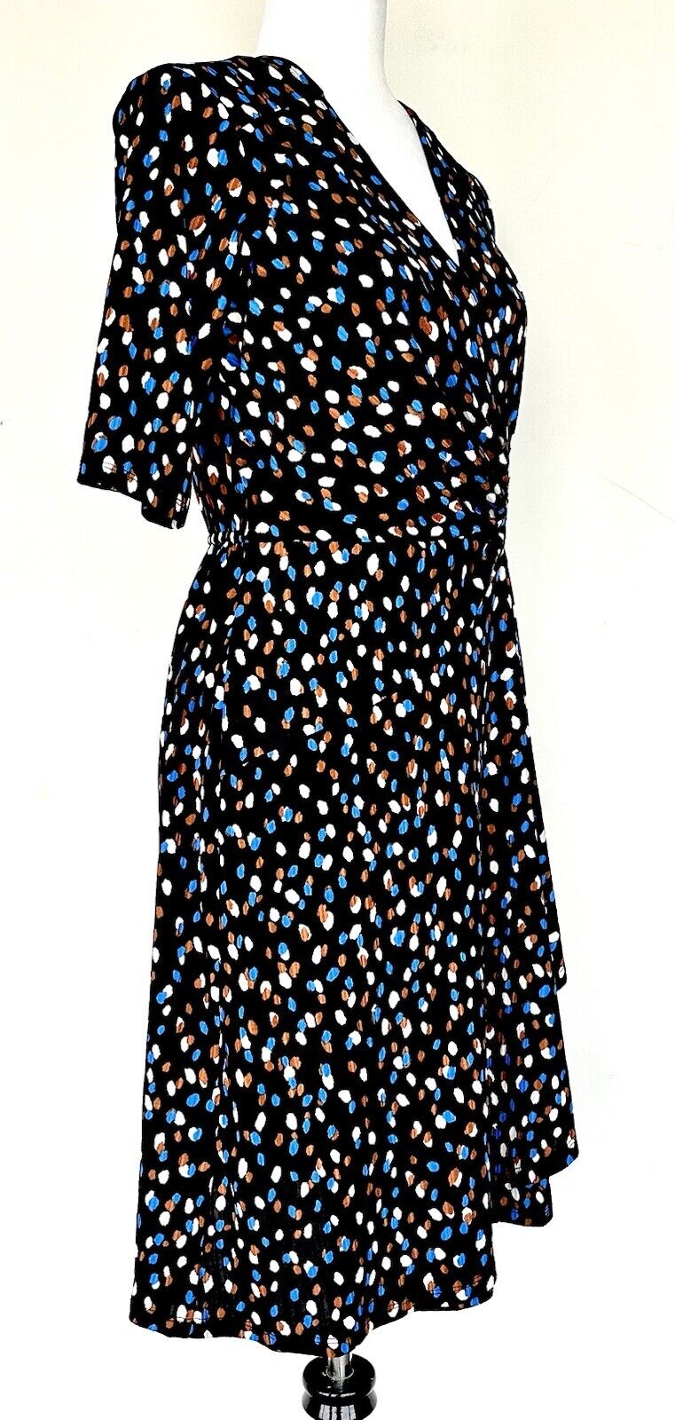SIGNATURE BY ROBBIE BEE Black Spot Faux Wrap Dress Retail $79 Stretch Size SP