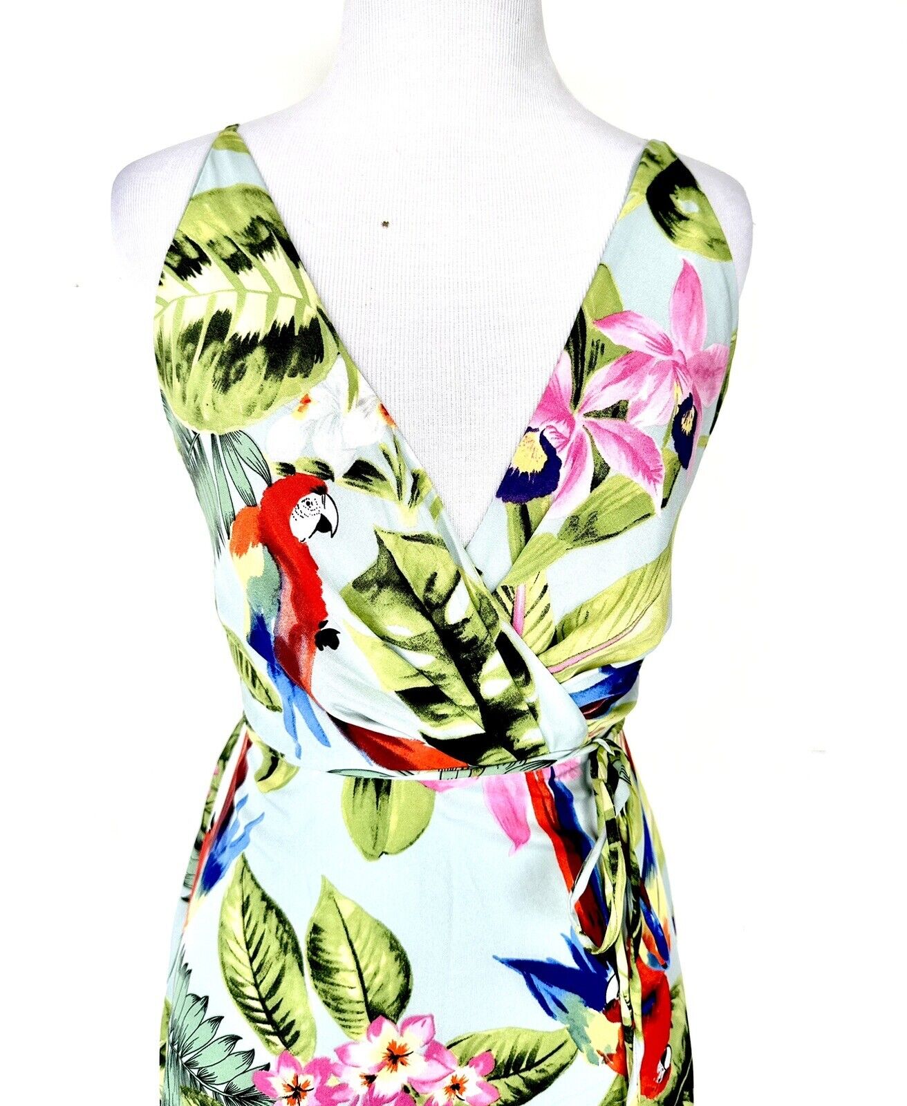 AaKaa Sage Exotic Getaway Tropical Print Maxi Dress Small Price $55