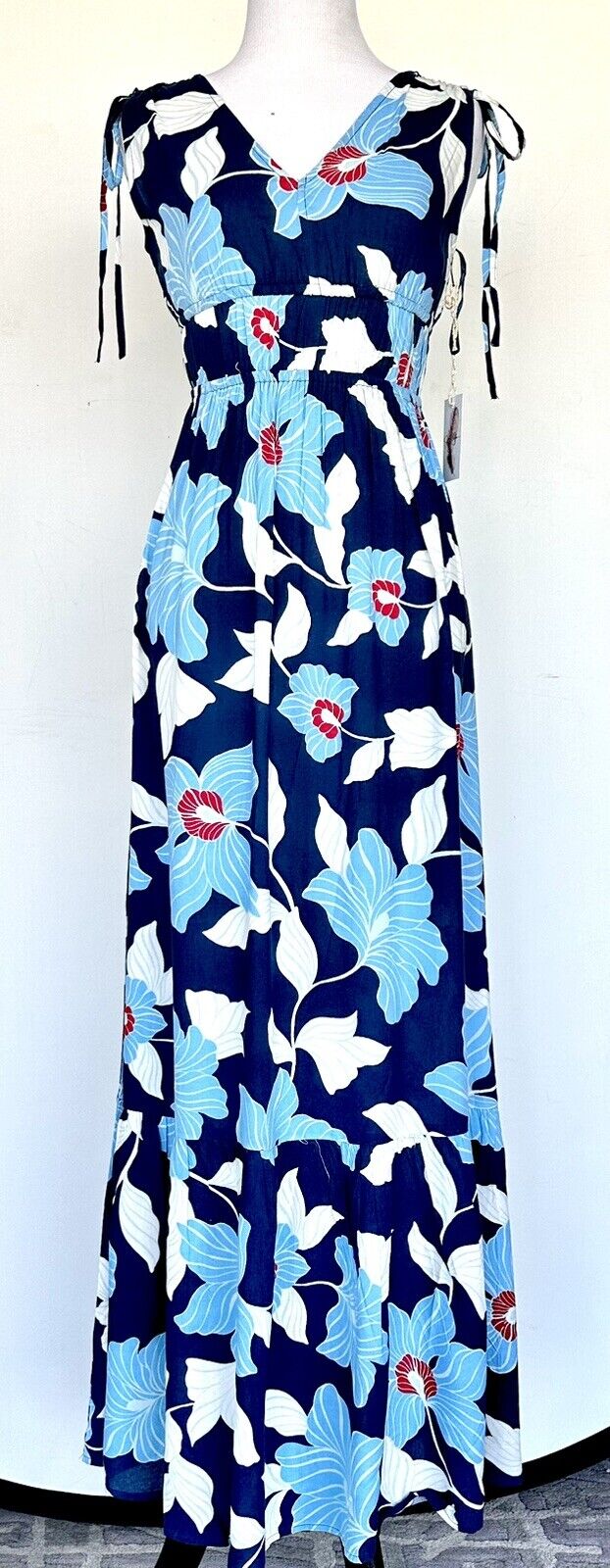 Jessica Simpson Blue Floral Midi Dress Sleeveless Ruched Shoulder Price $55 XS