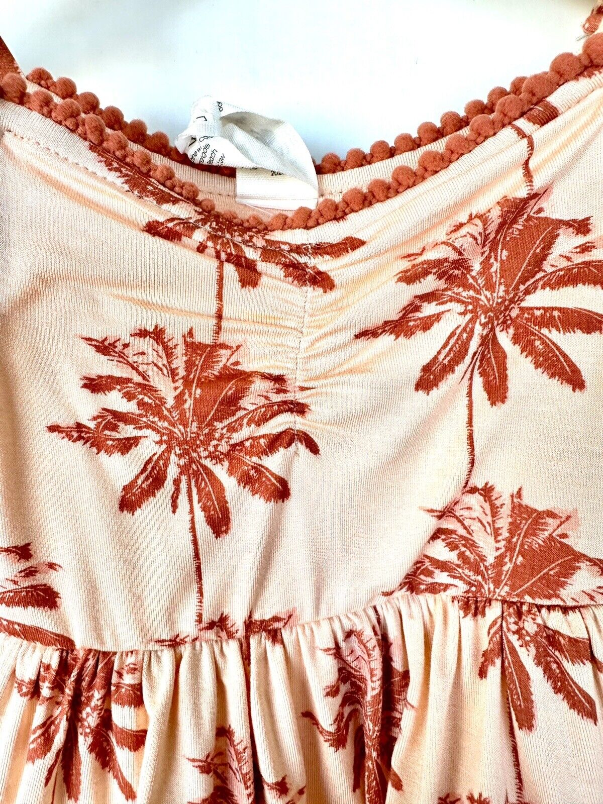 Kate Quinn Ruffle Tier Pom Pom Dress Peach Palm $33 3-6M NEW Bamboo