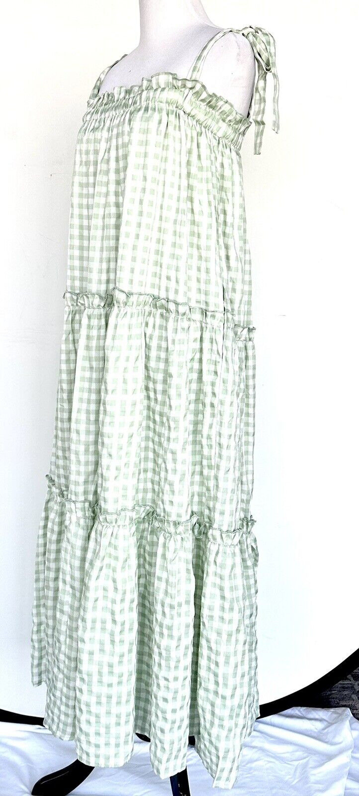 Enmerci Green Gingham Maxi Dress Tie Shoulder Strap Size M Tiered $58 &Merci