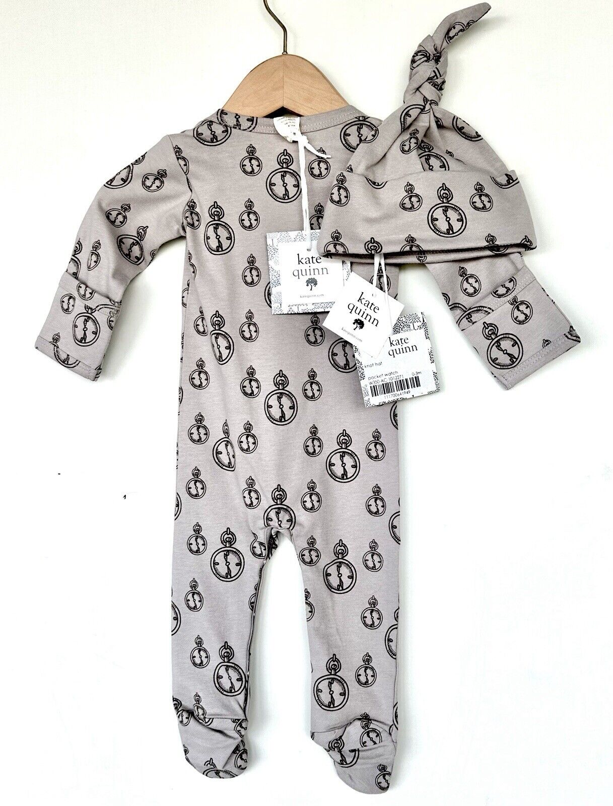 Kate Quinn Bundle Set Footie And Knot Hat Pocket Watch Soft Gray 0-3 M