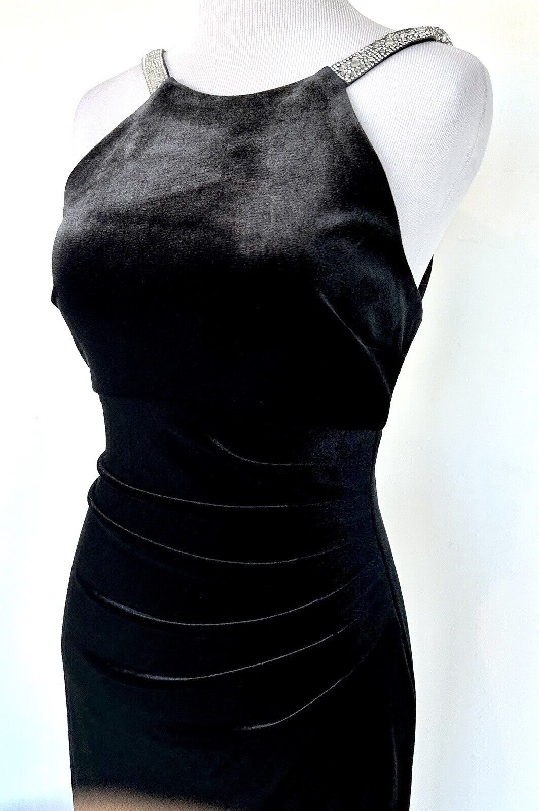 Aqua Diamanté Strap Black Velvet Long Gown Retails $248 Size 0 New