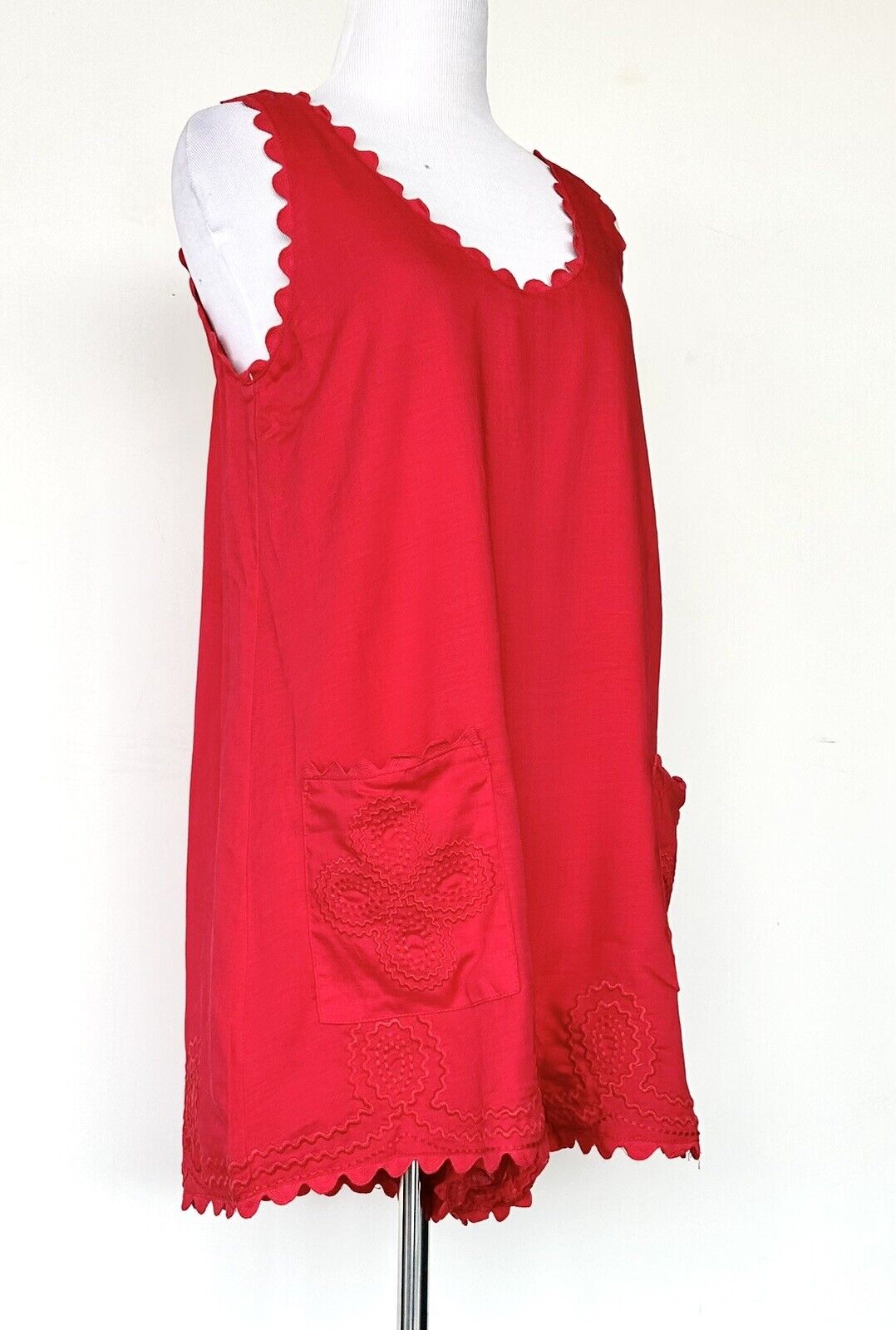J Marie Swift Embroidered Romper Red Cotton Linen Mix Retail $124 S